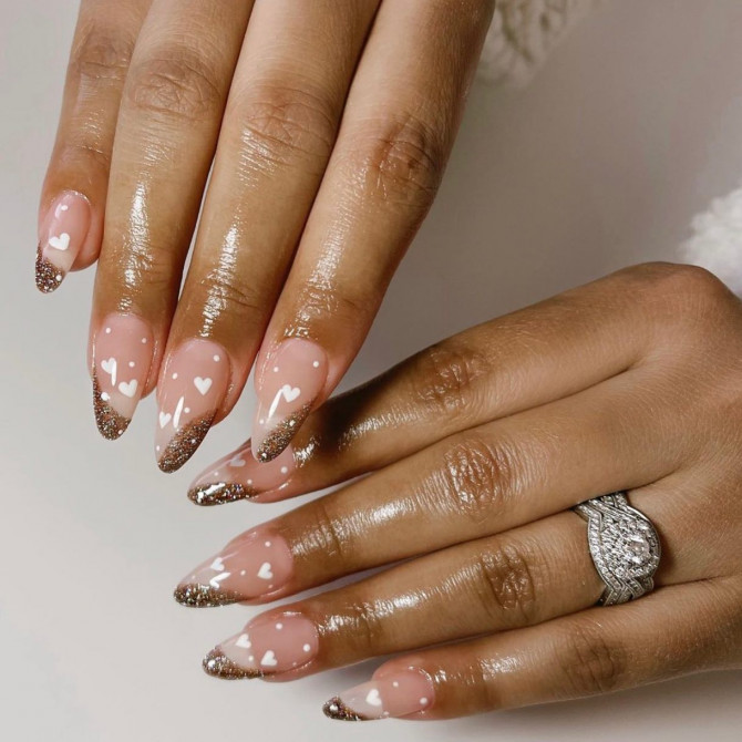 The 35 Cute Valentine’s Day Nails : Side French Glitter White Heart Nails
