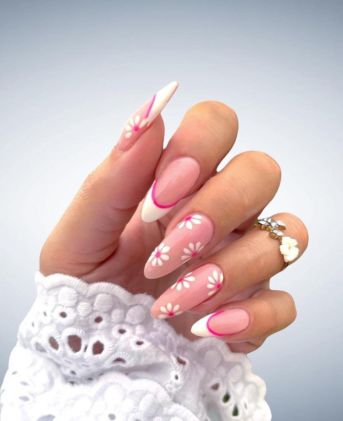 40+ Best Spring Nail Art Designs : White Flower Pink Nails