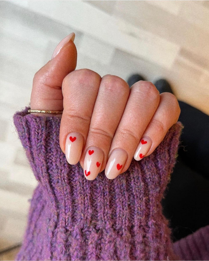 42 Insanely Cute Valentine’s Day Nails : Red Heart Nude Pink Nails