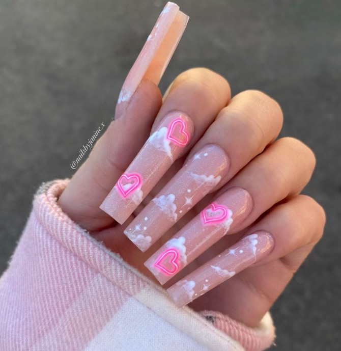 42 Insanely Cute Valentine’s Day Nails : Dreamy Nude Nails with Pink Hearts