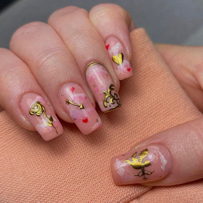 cupid valentines day nails, gold cupid nail art designs