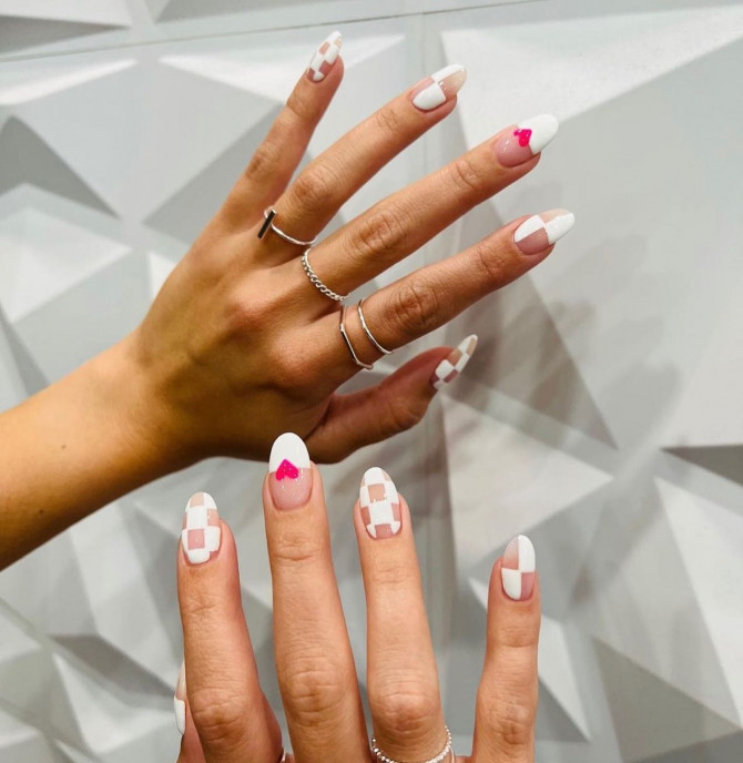 40 Best Valentine’s Day Nail Designs : Red Heart & White Checker Board Nails