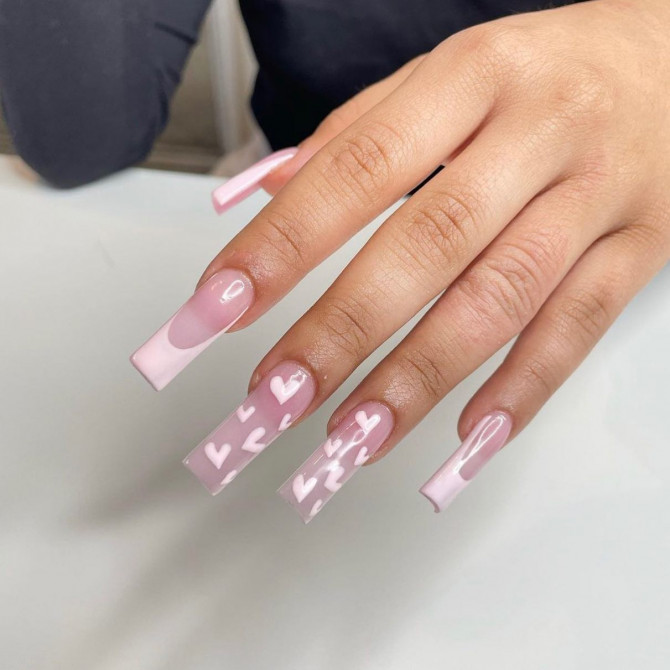 42 Insanely Cute Valentine’s Day Nails : White French Tip + Heart Translucent Nails
