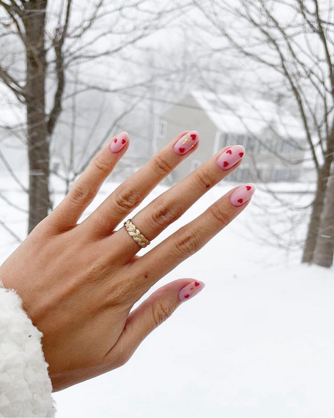 simple valentines day nails, red heart nude pink nails