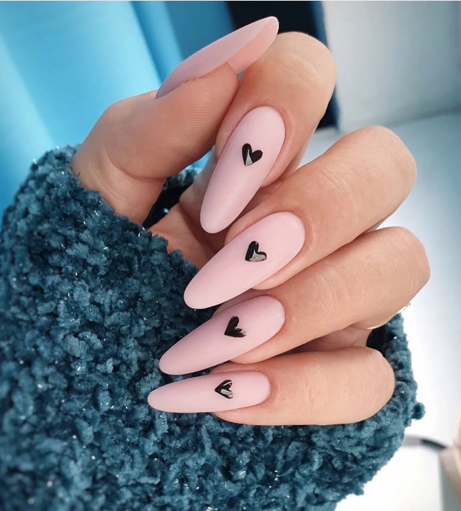 42 Insanely Cute Valentine's Day Nails : Little Black Heart Pink Nails