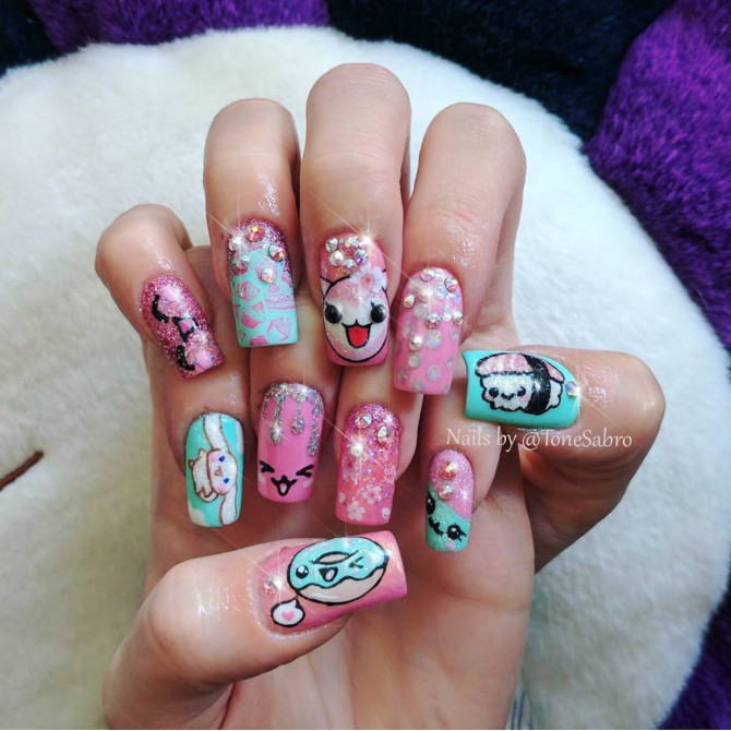 kawaii nails, kawaii nail art, fun summer nails, girly aesthetic nails, japanese nail art designs, cute nail art designs, pastel kawaii nails, pink kawaii nails, long kawaii nails, nail trends 2022
