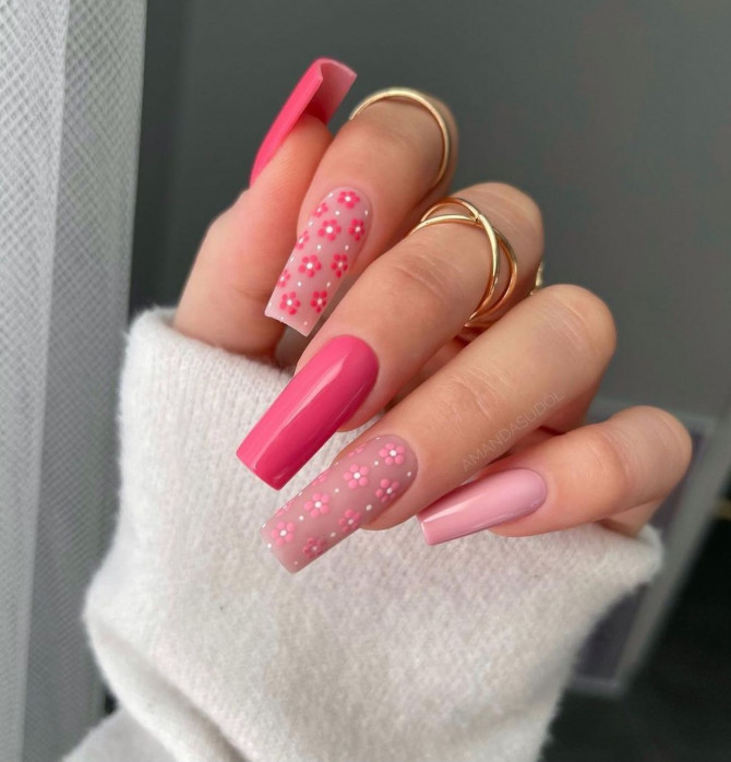 40+ Best Spring Nail Art Designs : Shades of Pink Floral Nails