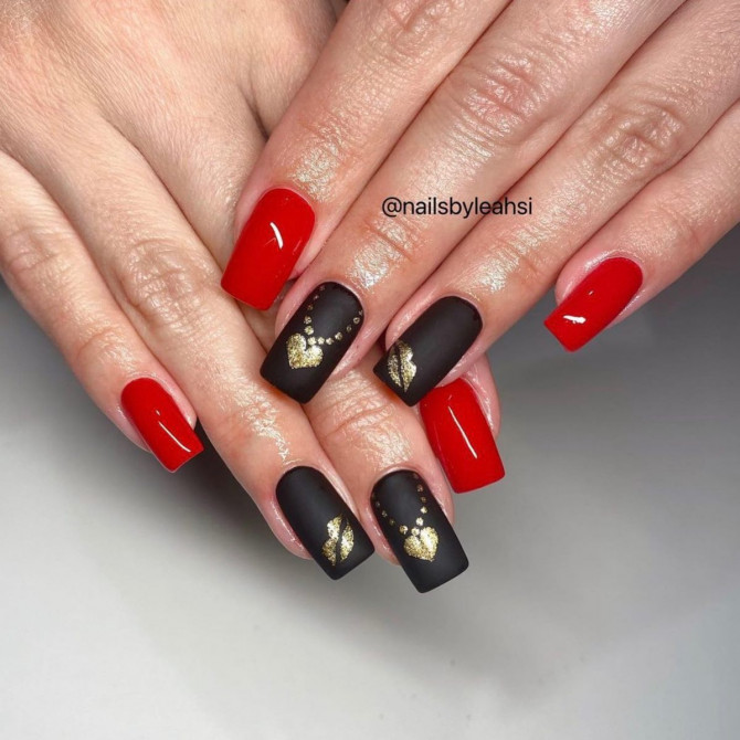 42 Insanely Cute Valentine's Day Nails : Matte Black and Red Nails