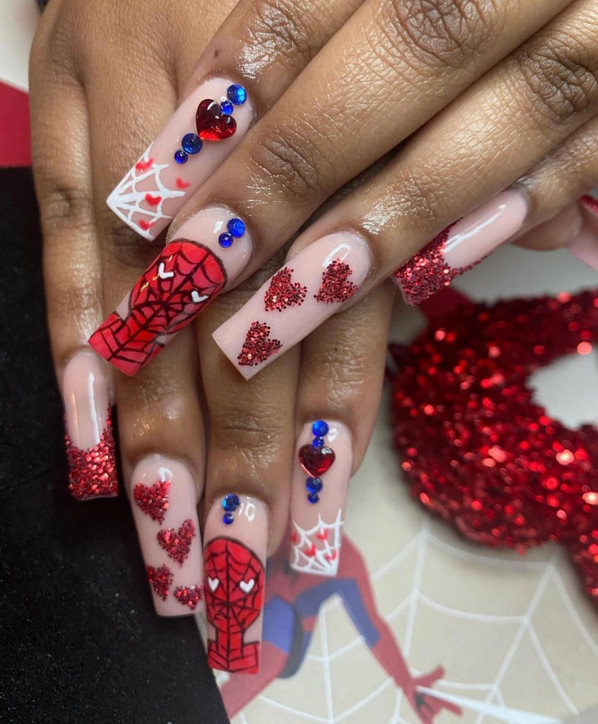 spider man nails, valentines day nails spiderman