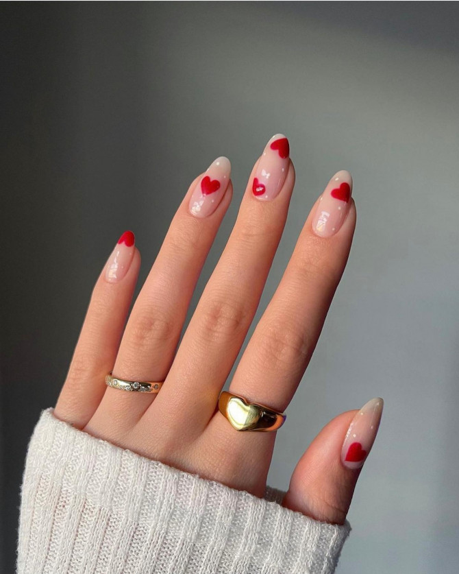 42 Insanely Cute Valentine’s Day Nails : Red Heart + Tiny White Dot Nails