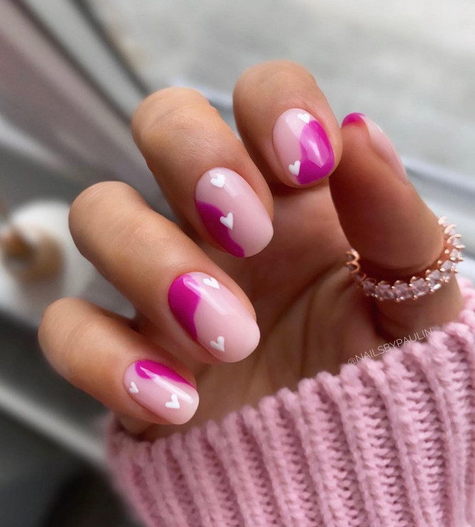 42 Insanely Cute Valentine’s Day Nails : Magenta and White Nude Nails