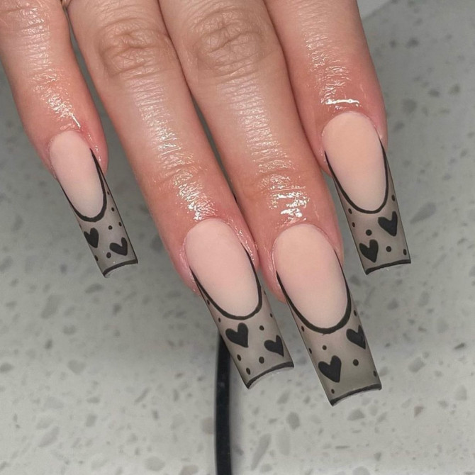 40 Best Valentine’s Day Nail Designs : Black Heart & Outline French Tips Nails