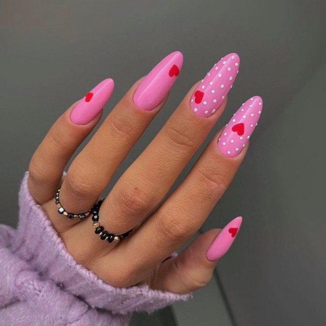 42 Insanely Cute Valentine’s Day Nails : Pink Almond Nails with Red Heart