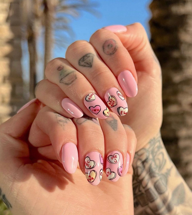 40 Best Valentine’s Day Nail Designs : Candy Heart Nude Nails