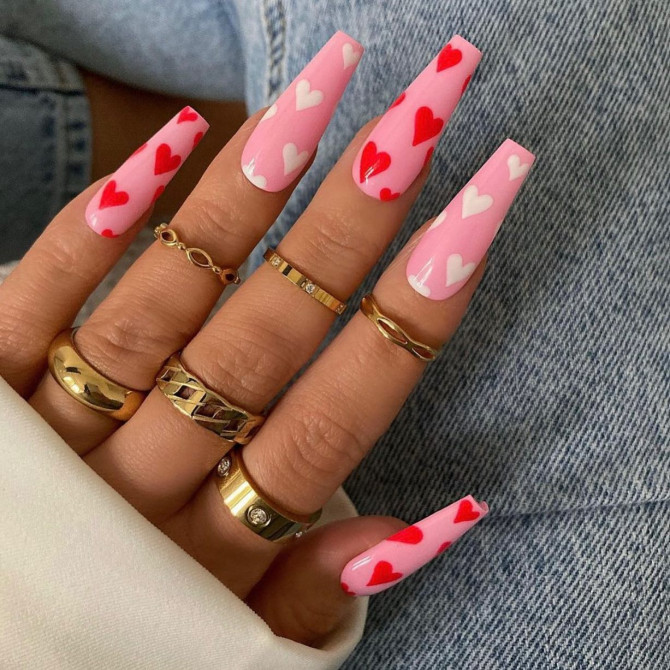 42 Insanely Cute Valentine’s Day Nails : Pink Heart & Red Coffin Nails