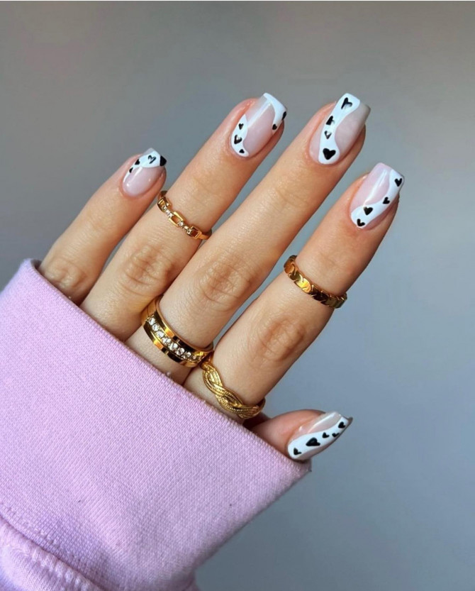 black and white valentines day nails