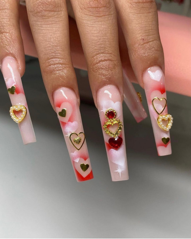 The 35 Cute Valentine’s Day Nails : Heart Embellishment Nails