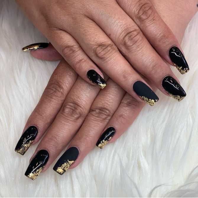 30 Best Black Nail Designs For 2022 : Gold Foil Side Tip Nails