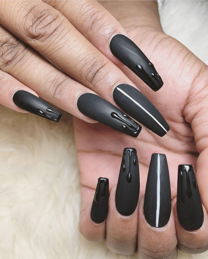 30 Best Black Nail Designs For 2022 : Matte Black Nails with Black Drips