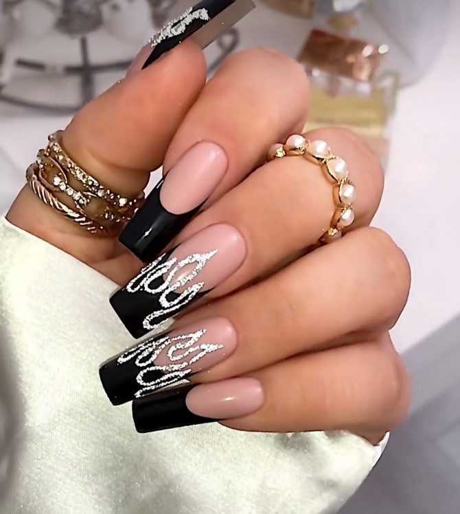 30 Best Black Nail Designs For 2022 : Silver Flame Black Nails