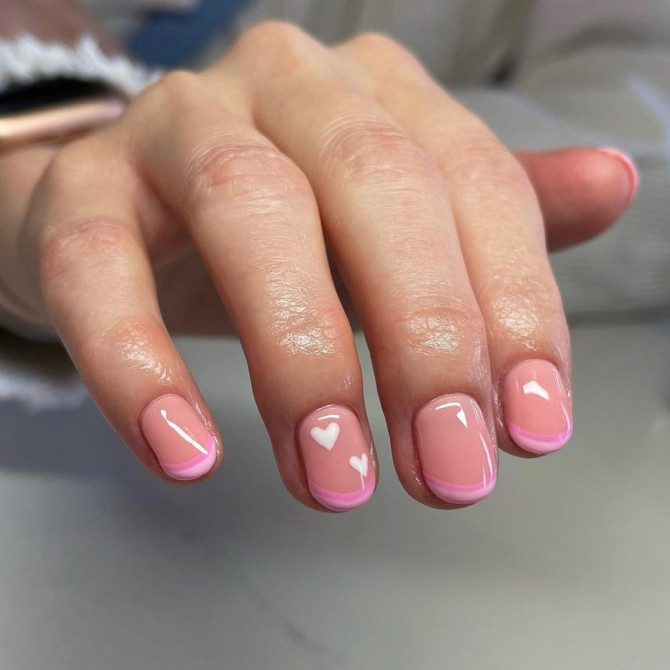 42 Insanely Cute Valentine’s Day Nails : Layered Pink Tip Nude Short Nails