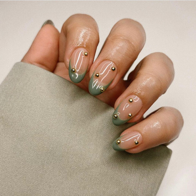 41 Best Spring Nails For 2022 : Sage French Tip Nails with Gold Details