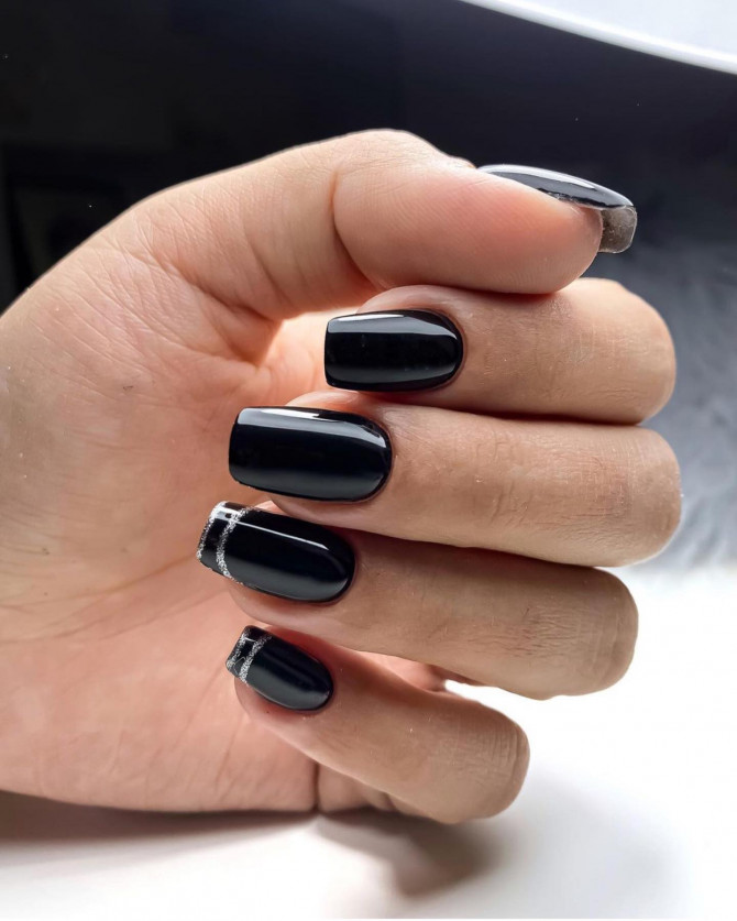 30 Best Black Nail Designs For 2022 : Glitter Line French Tip Nails