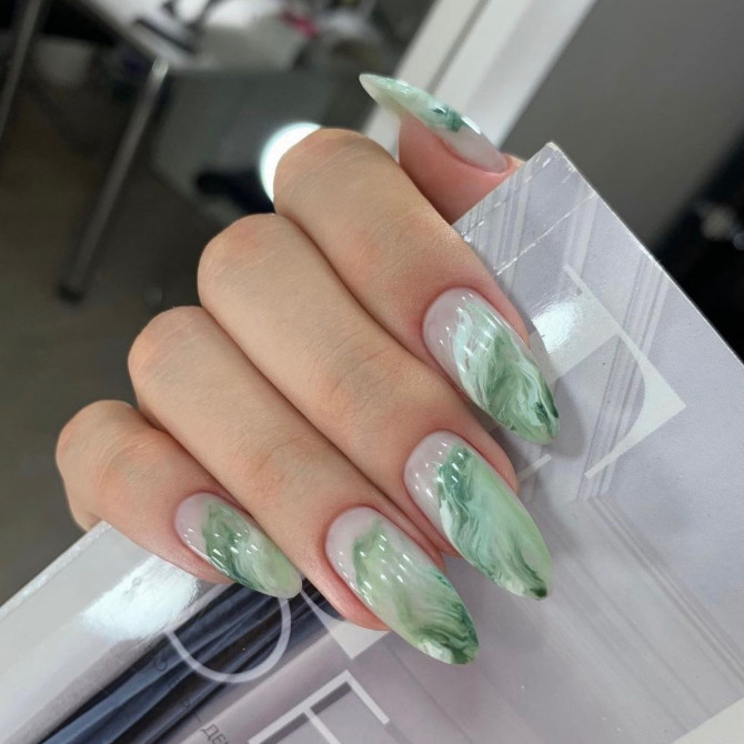 41 Best Spring Nails For 2022 : Soft Green Marble Nail Design