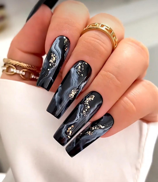 30 Best Black Nail Designs For 2022 : Black Marble Acrylic Nails