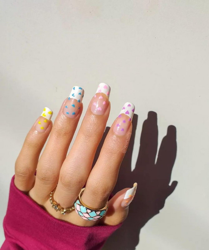 41 Best Spring Nails For 2022 : Pastel Heart White French Tip Nails