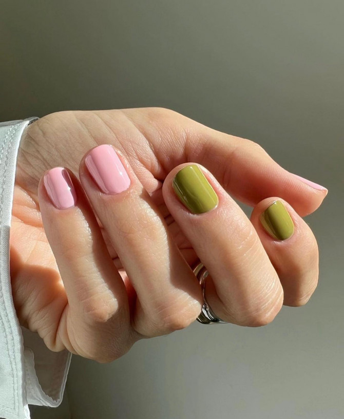 41 Best Spring Nails For 2022 : Green and Pink Short Nails