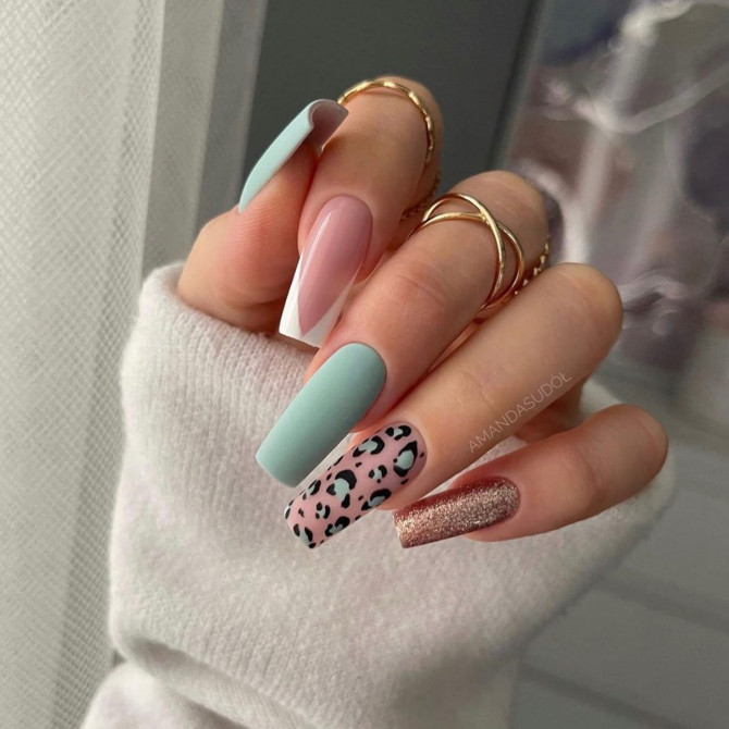 41 Best Spring Nails For 2022 : Leopard & Soft Green Nail Design
