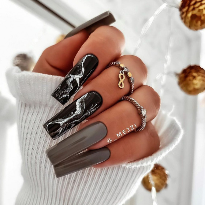 30 Best Black Nail Designs For 2022 : Black Marble and Grey Nails