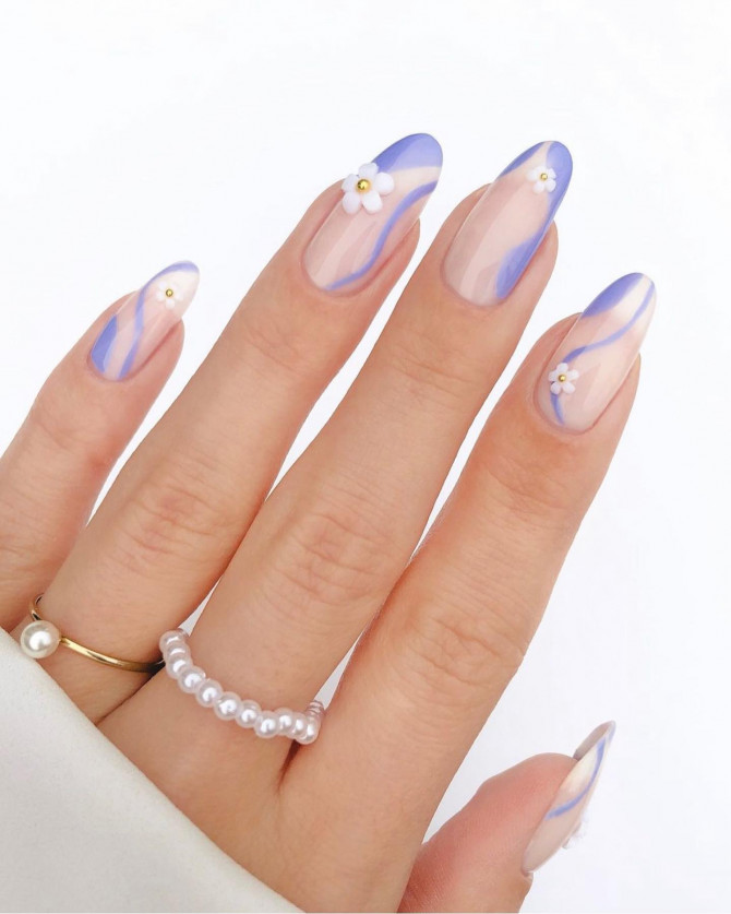 41 Best Spring Nails For 2022 : 3D Floral & Blue Swirl Nails