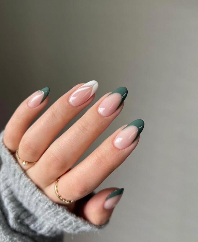 Cute almond shaped dark green nails with two accent white nails with hand  painted autumn look! | Green nails, Emerald nails, Dark green nails