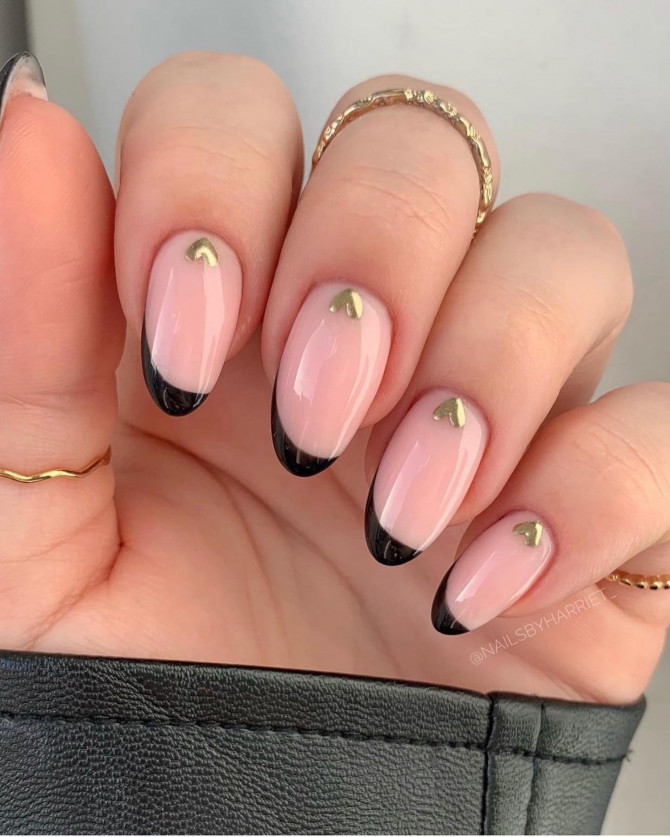 40 Best Valentine’s Day Nail Designs : Black Tip Gold Heart Nails