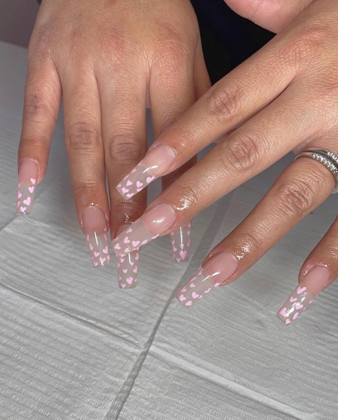 40 Best Valentine’s Day Nail Designs : Pink Heart Clear Tip Nails