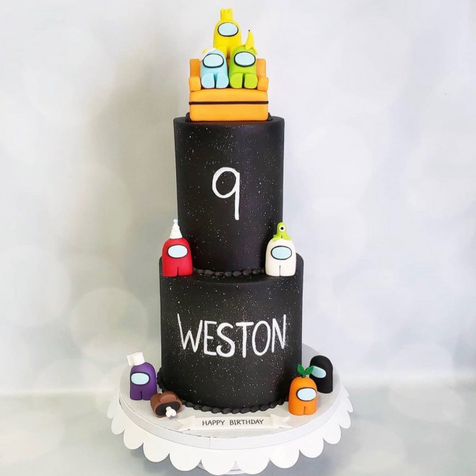 38 Cute Among Us Cake Ideas : Two-Tiered Black Cake for 9th Birthday