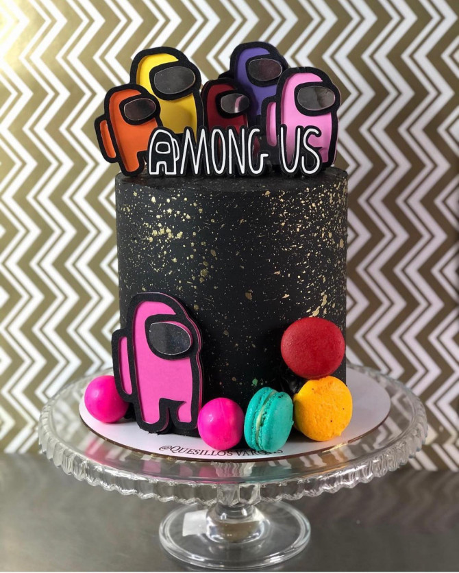 38 Cute Among Us Cake Ideas : Black Among Us Cake Adorned with Macaroons