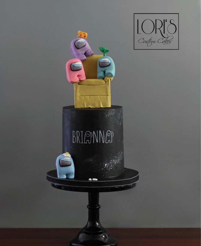 38 Cute Among Us Cake Ideas : Matte Black Cake Topped with The Crewmates