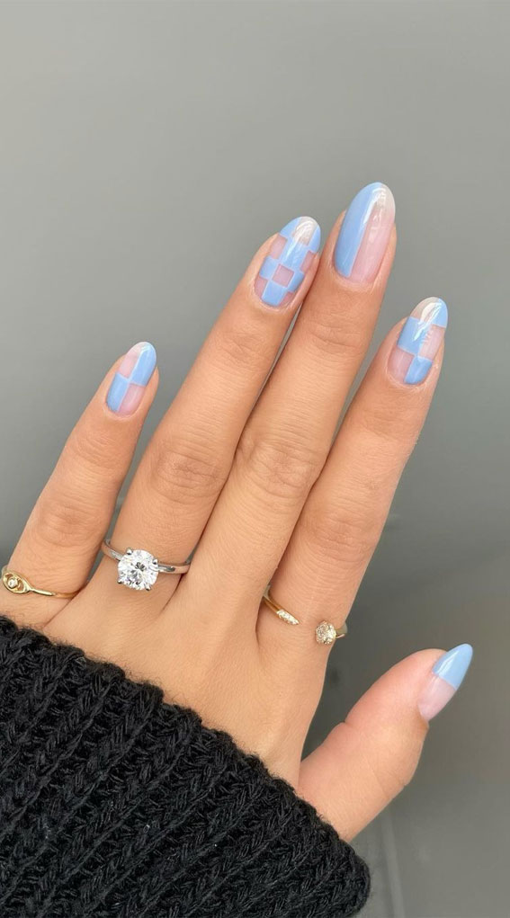 45 Trendy Spring Nails That’ll See Everywhere : Dusty Blue Checker Board Nails
