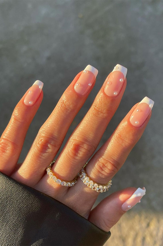 45 Trendy Spring Nails That’ll See Everywhere : White French Tips with Pearls