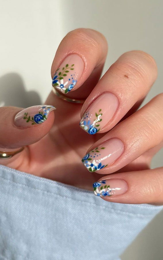 45 Trendy Spring Nails That’ll See Everywhere : Blue Floral Tip Nails
