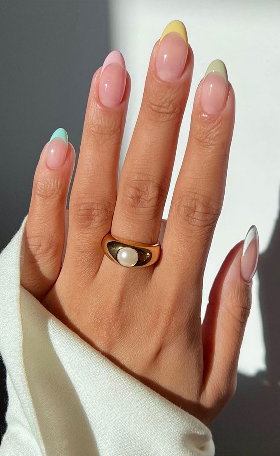 45 Trendy Spring Nails That’ll See Everywhere : Different Colour Pastel French Tip Nails