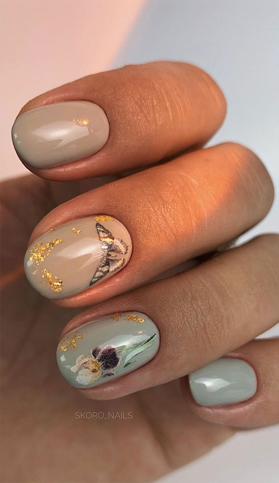 45 Trendy Spring Nails That’ll See Everywhere : Butterfly, Flower on Nude & Sage Nails