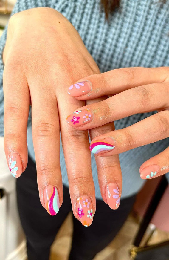 45 Trendy Spring Nails That’ll See Everywhere : Flower & Swirl Nail Art Design