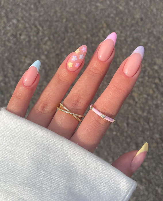 45 Trendy Spring Nails That’ll See Everywhere : Pastel Flowers & Pastel French Tip Nails