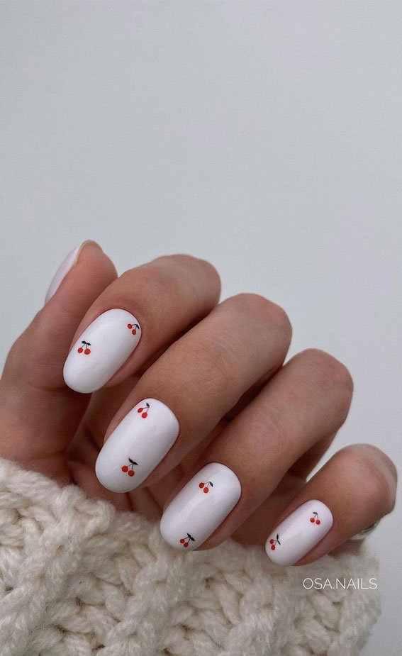 45 Trendy Spring Nails That’ll See Everywhere : Red Cherry White Short Nails