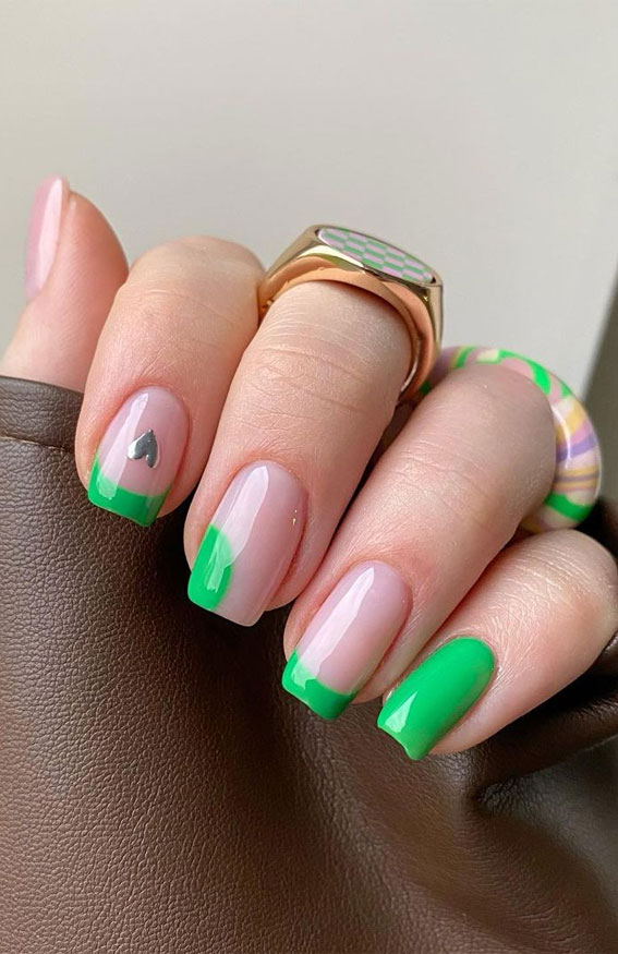 50 Trendy Summer Nail Colours & Designs : Green Abstract French Square Nails