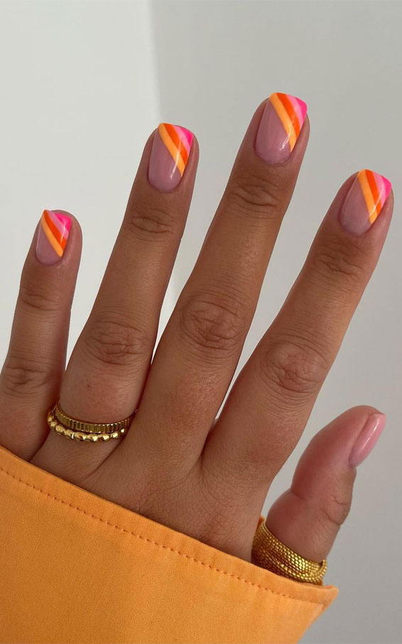 50 Trendy Summer Nail Colours & Designs : Orange, Pink and Yellow Side French Short Nails